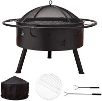 Outdoor Portable 32 Inch Steel Round Fire Pit with BBQ Grill, Cooking Grate, Spark Screen, Fire Poker, Cover, Fireplaces for Outside wood burning