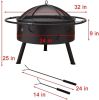 Outdoor Portable 32 Inch Steel Round Fire Pit with BBQ Grill, Cooking Grate, Spark Screen, Fire Poker, Cover, Fireplaces for Outside wood burning